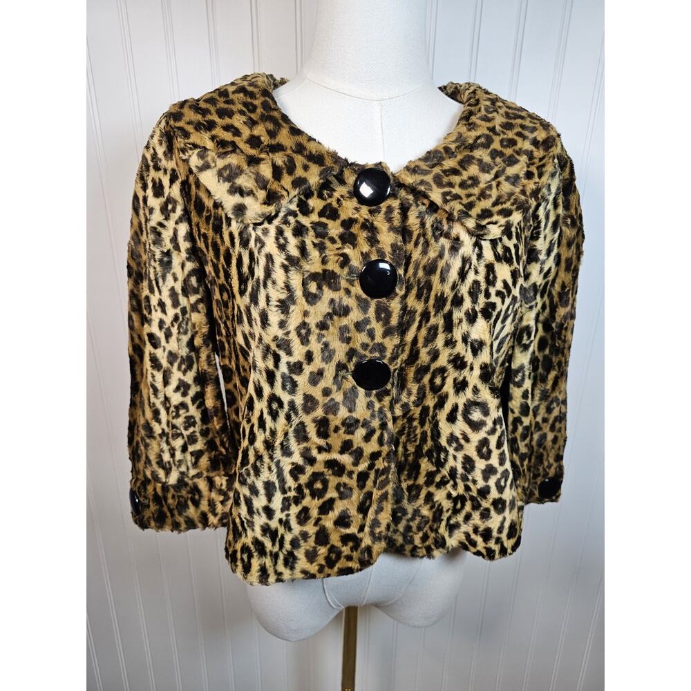 Cynthia Steffe Leopard Faux Fur Cropped 3/4 Sleeve Jacket Women's Size S